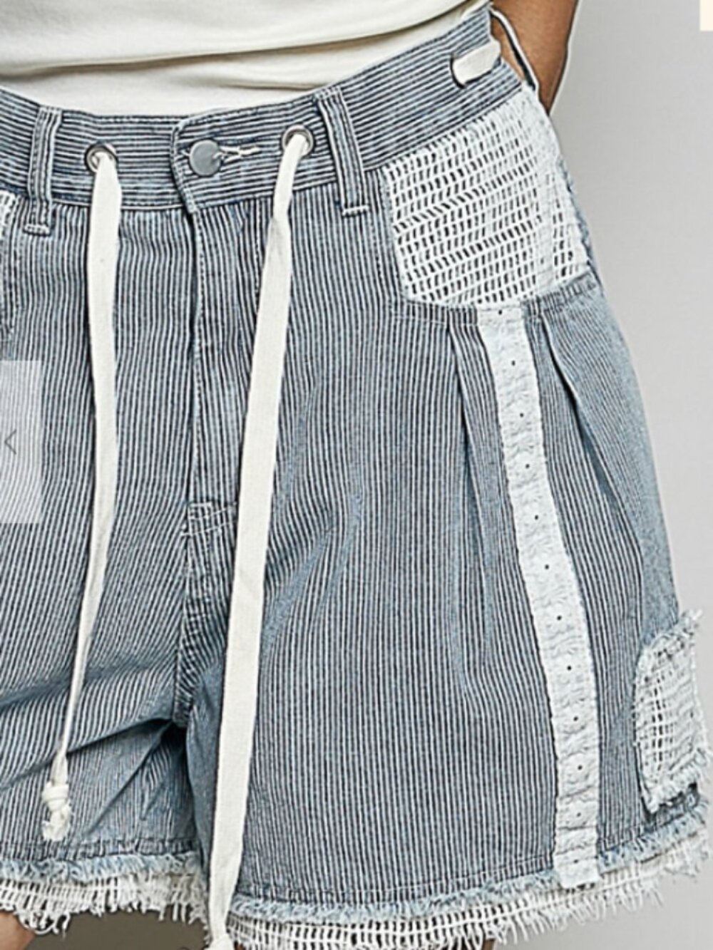 POL Blue and White Patchwork Stripe Denim Shorts - Picture 2 of 3